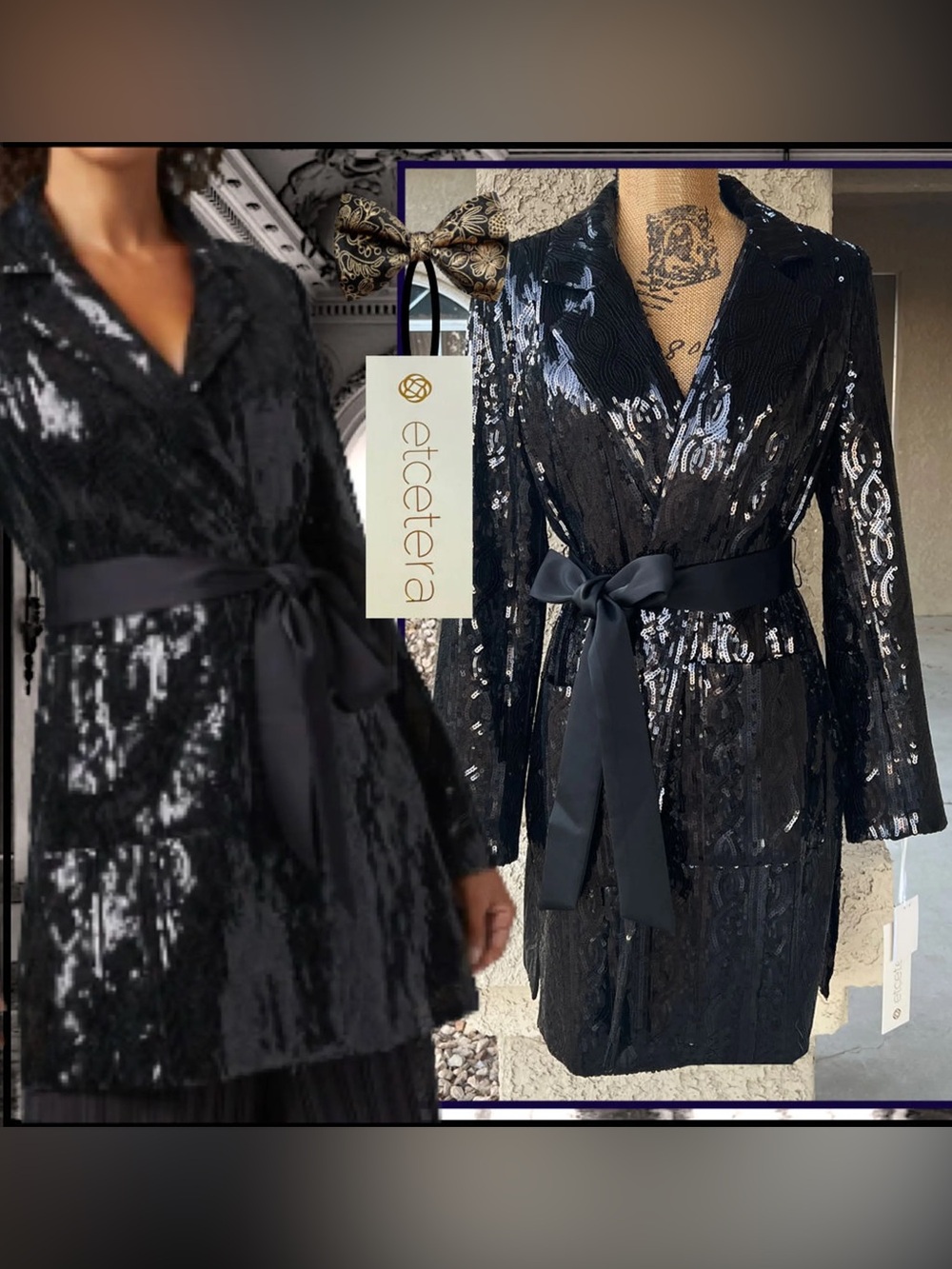 Etcetera Black Sequin wrap blazer  with Satin Waist Tie 2 pockets